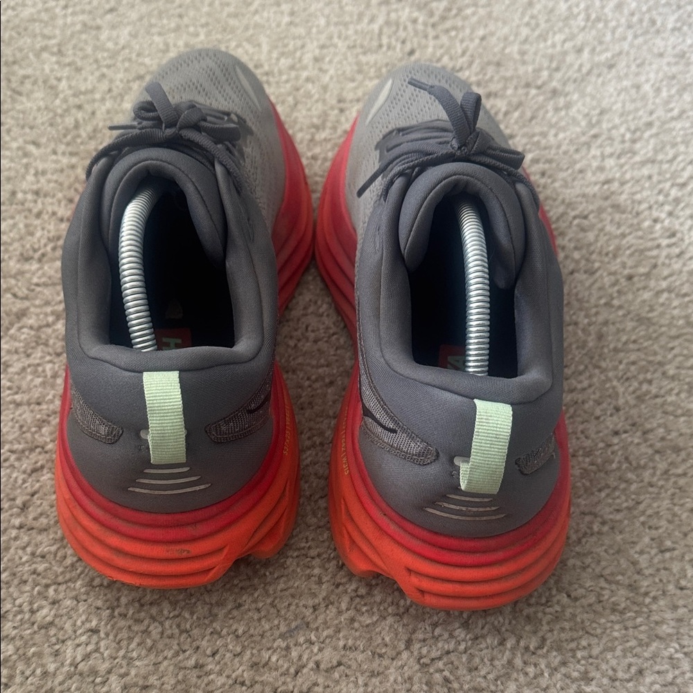 Men’s Hoka Bondi 8 Gray Running shoes with Bright Red-Orange Midsoles - Picture 3 of 7